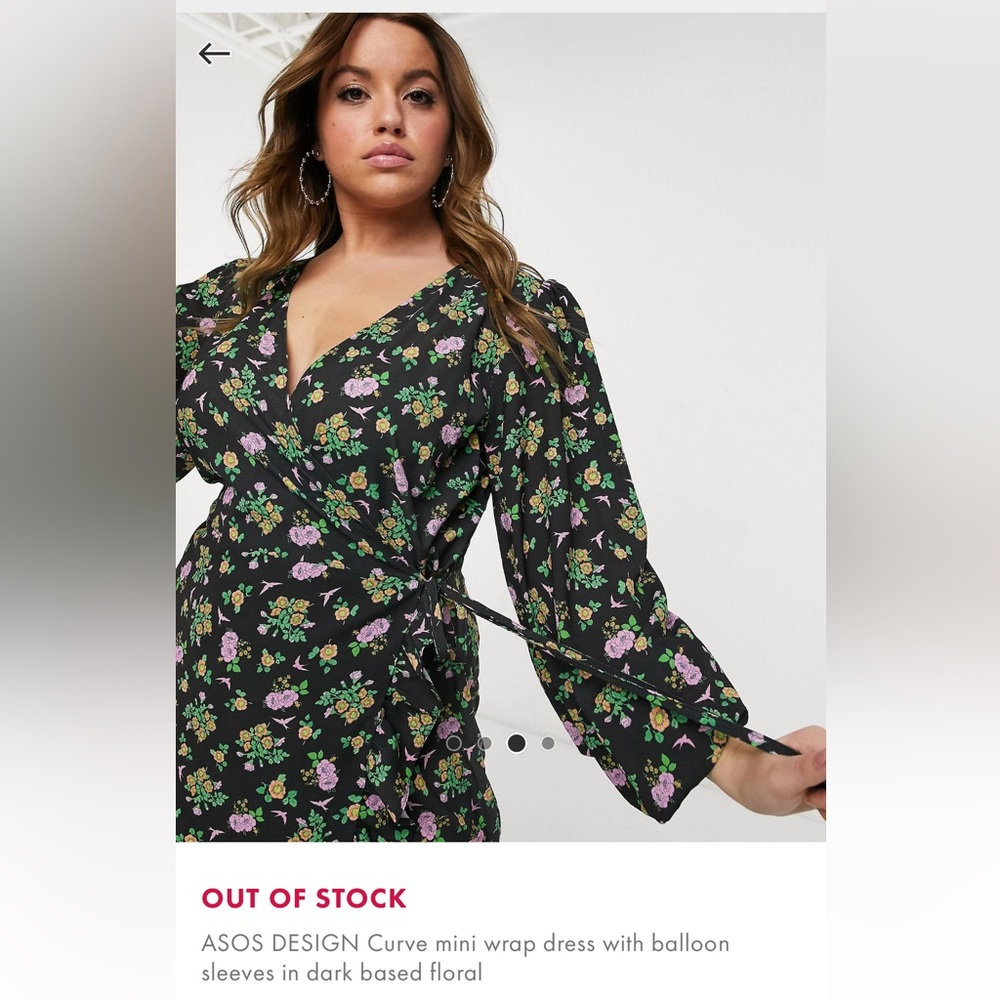 ASOS DESIGN Curve mini wrap dress with balloon
sleeves in dark based floral